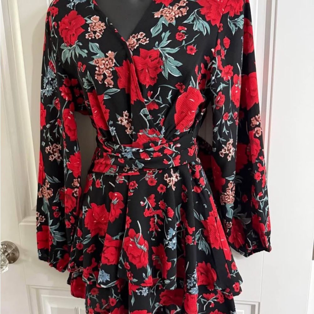 Floral Wrap Dress in Red and Black